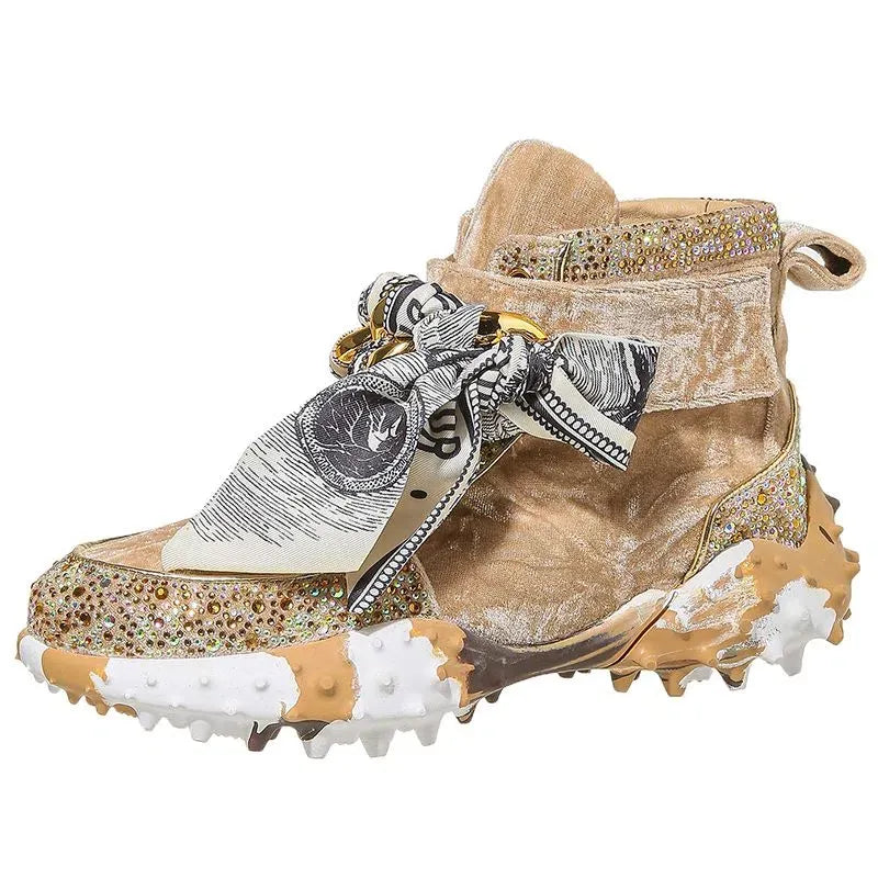 Hot Leather Casual Shoes Rhinestones High Top Sneakers Women Vulcanized Lace Up New Internet Celebrity All-Match Flat Thick Sole khaki-6706