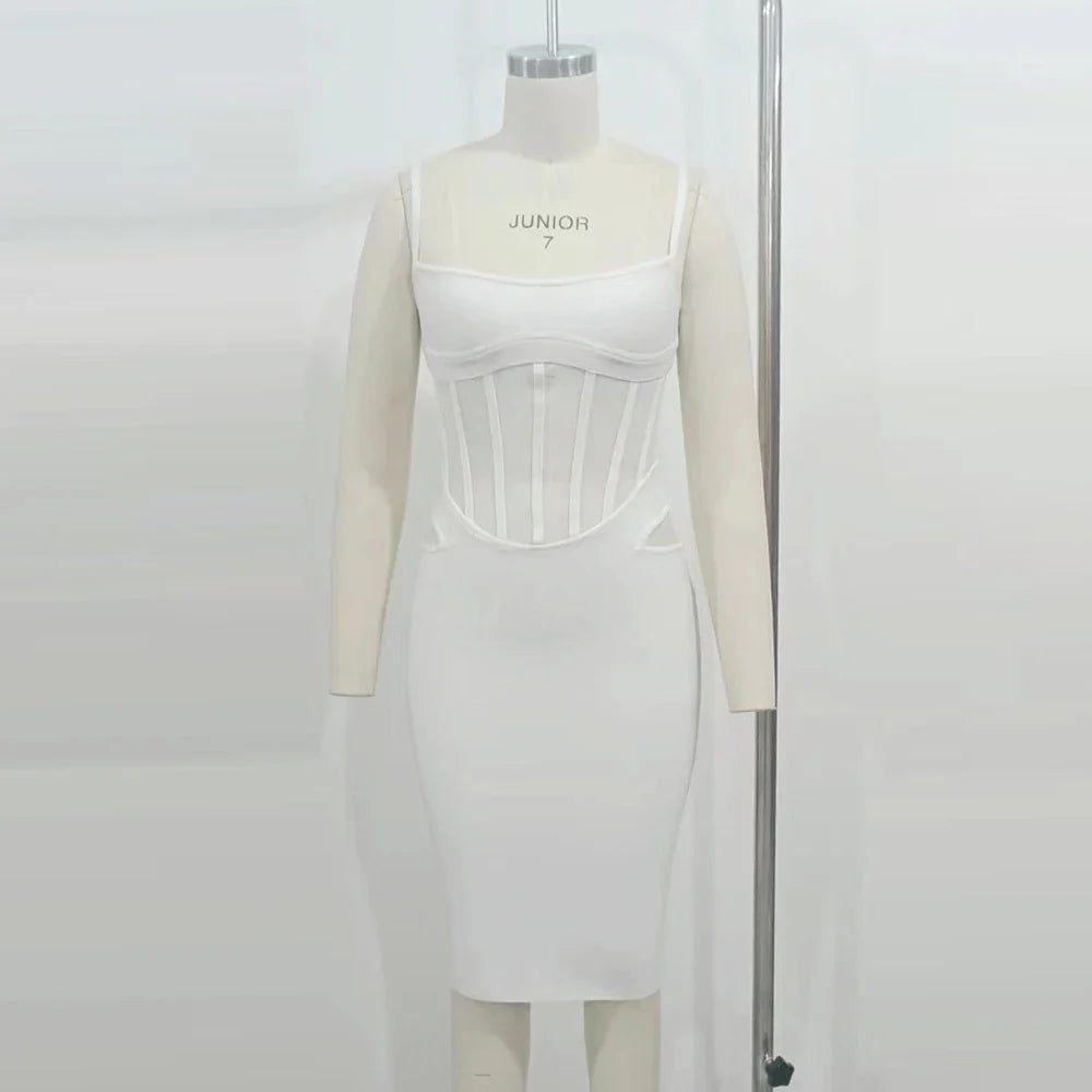 Ailigou New Summer Women's Sexy Sleeveless Tight Fit Midi Bandage Dress with Hollow Lace Elegant Celebrity Party Club Dress WHITE