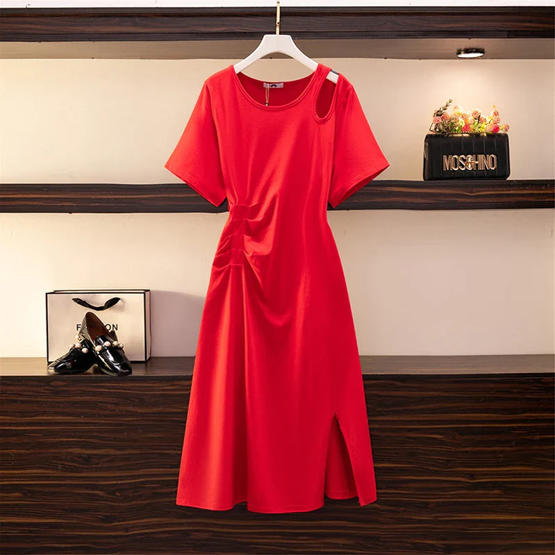 Plus-size women's summer casual cotton dress shoulder hollowed-out slit hem design elegant sexy solid color long dress Red CHINA