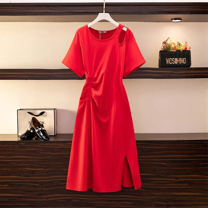 Plus-size women's summer casual cotton dress shoulder hollowed-out slit hem design elegant sexy solid color long dress Red CHINA