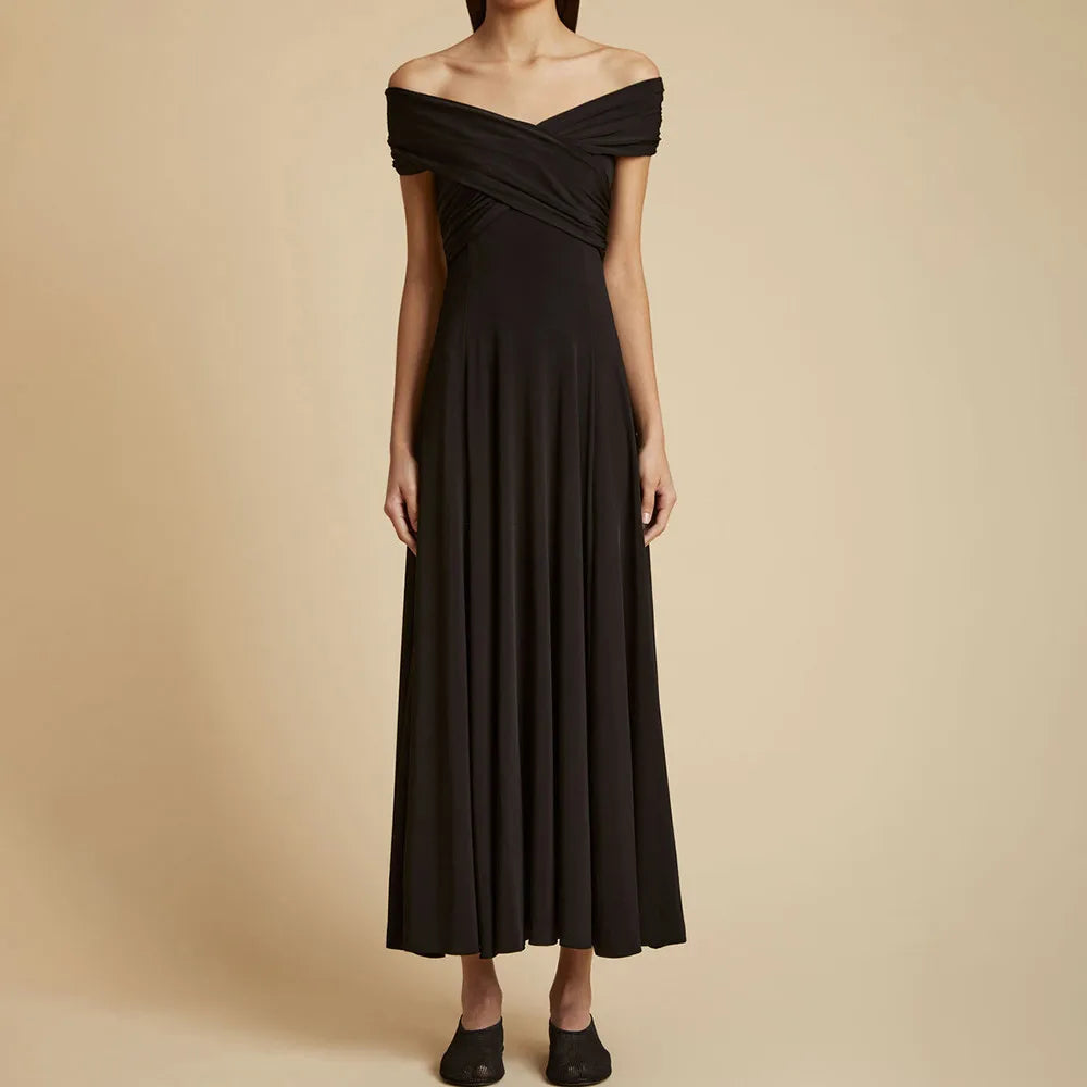 Solid Minimalist A Line Dresses For Women Slash Neck High Waist Patchwork Folds Slimming Dress Female Fashion New