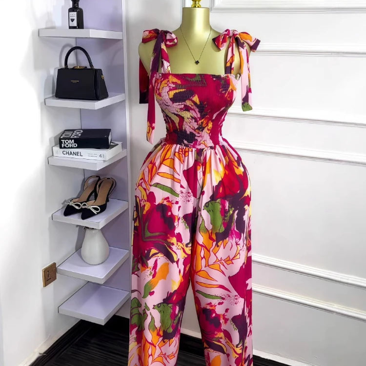 CM.YAYA Leaf Printed Women Bowknot Shoulder Sleeveless Jumpsuits 2025 Summer Beach Boho Holiday Outfits One Piece Suit Romper