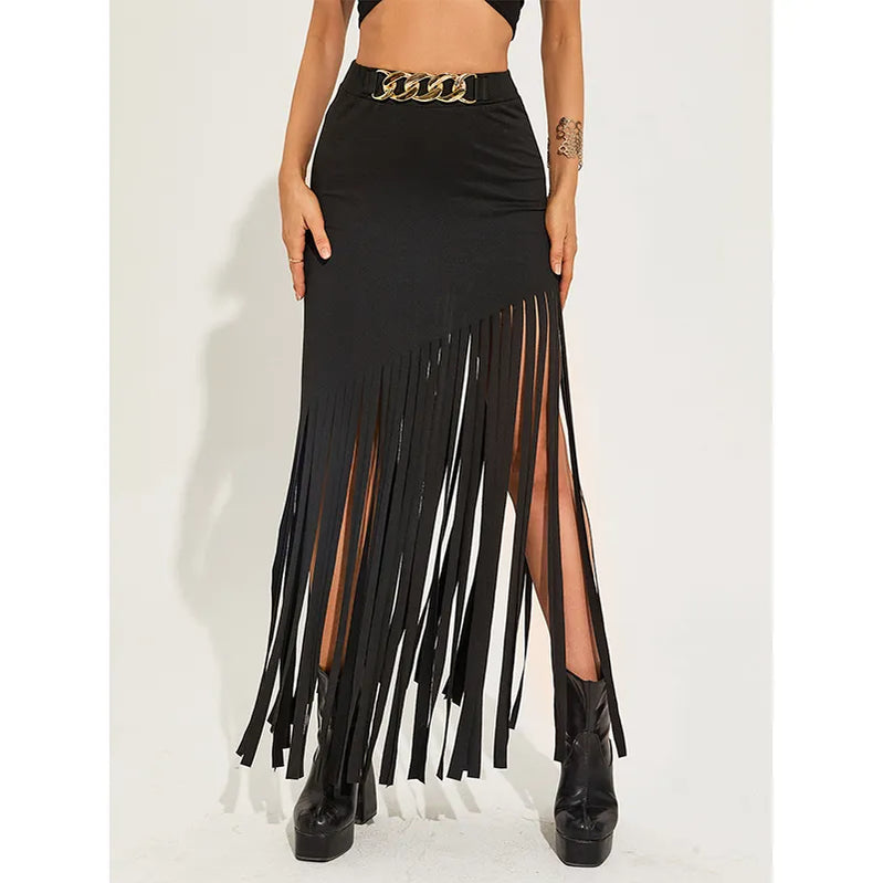 Goth Dark Tassel Punk Style Sexy Women Maxi Skirts Mall Gothic Grunge High Waist Long Skirt With Ring Belt Black Club Streetwear