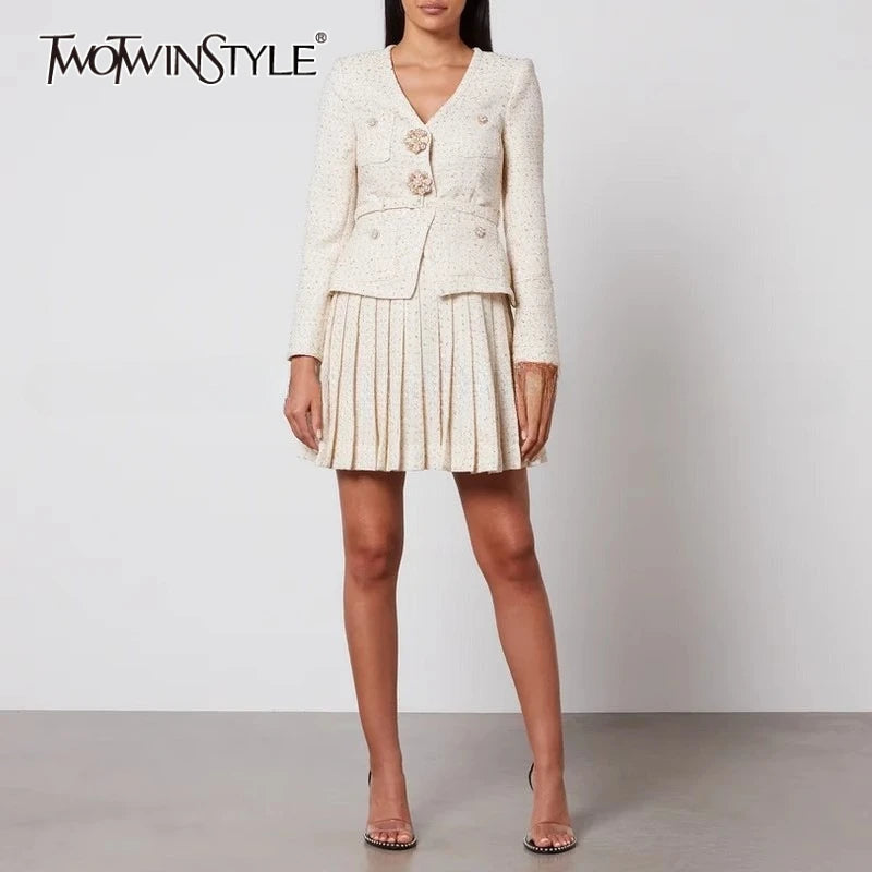 TWOTWINSTYLE Solid Slimming Two Piece Sets for Women V Neck Long Sleeevs Spliced Button Top High Waist Pleated Skirts Set Female