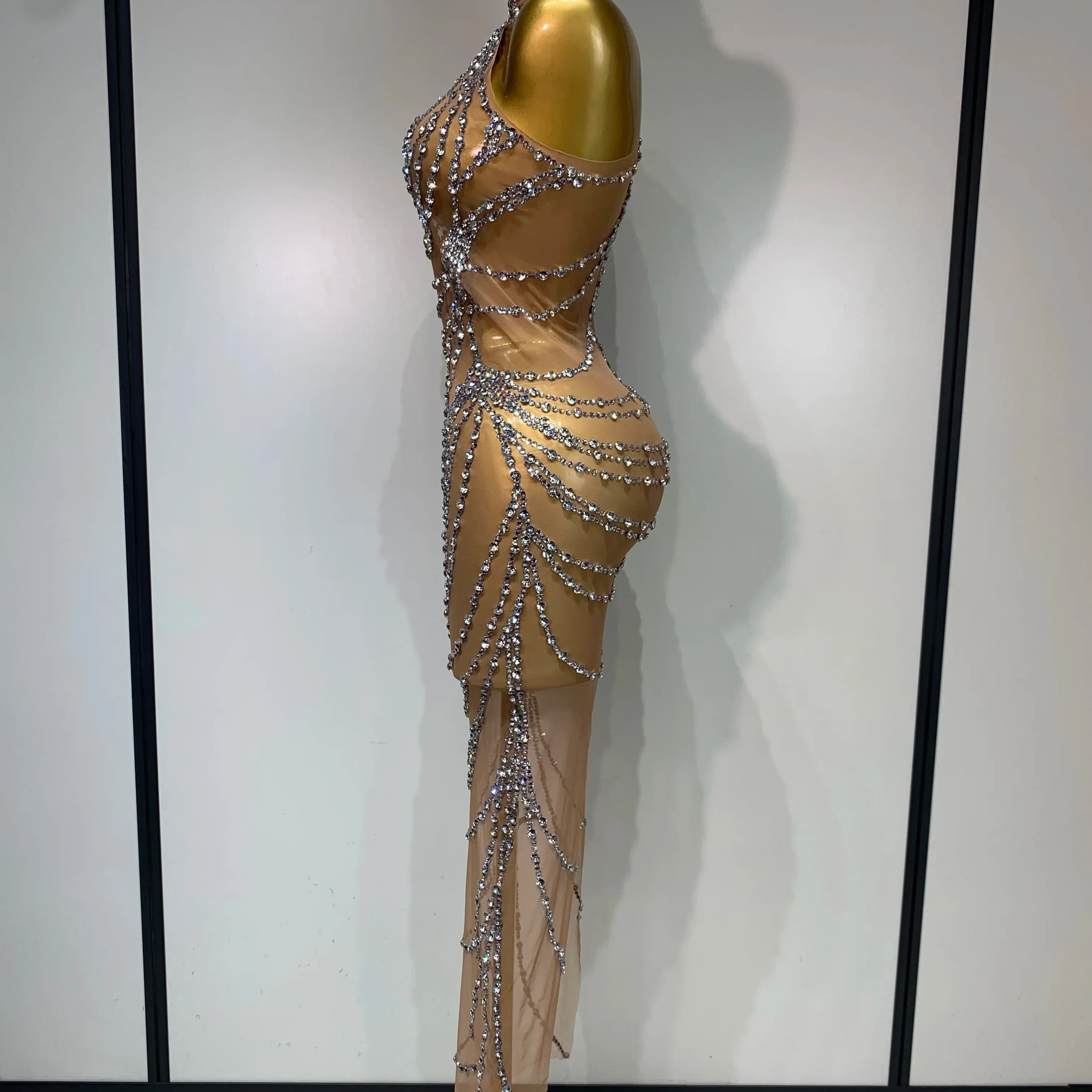 Luxury Rhinestone Sparkly Sexy Transparent Mesh Long Dress  Women Birthday Party Gown Stage Singer Performance Costume