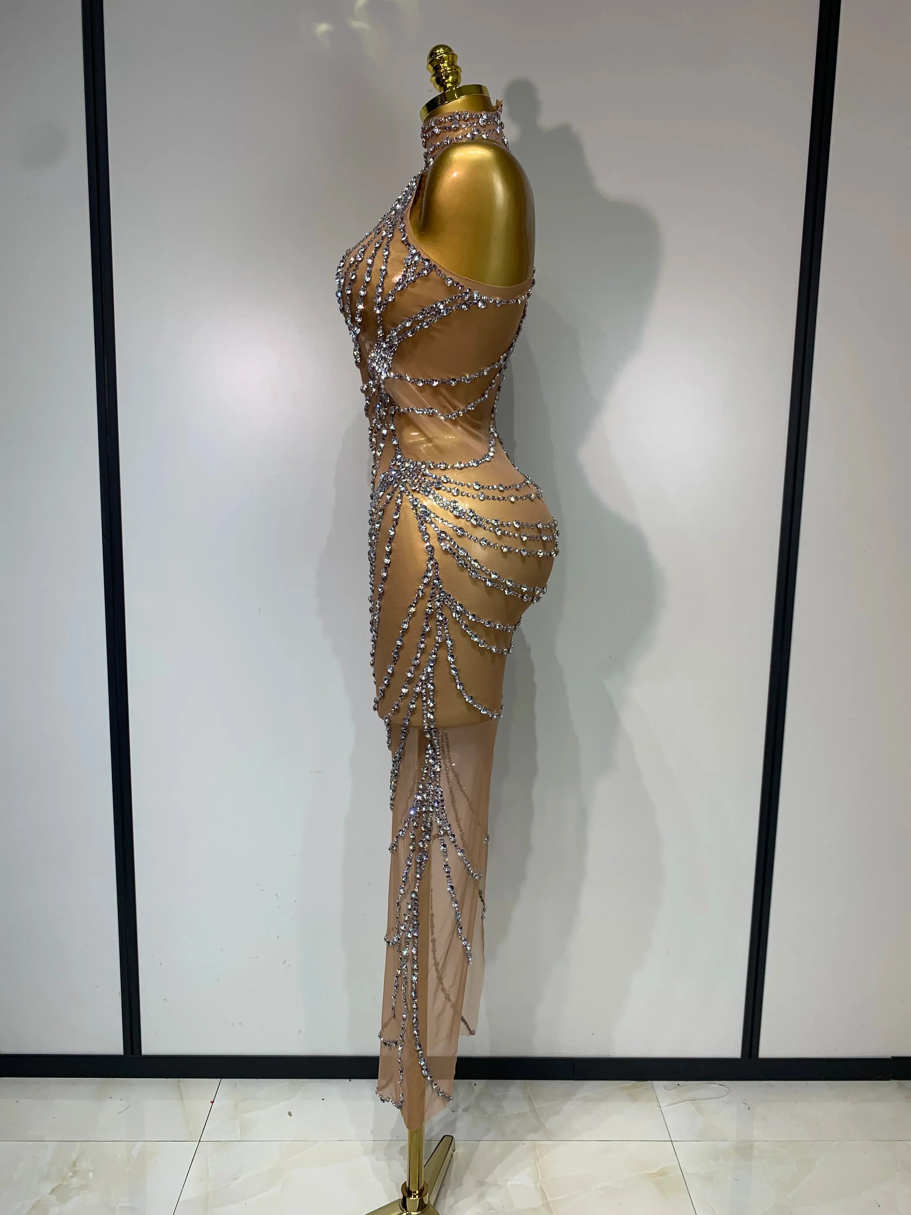 Luxury Rhinestone Sparkly Sexy Transparent Mesh Long Dress  Women Birthday Party Gown Stage Singer Performance Costume