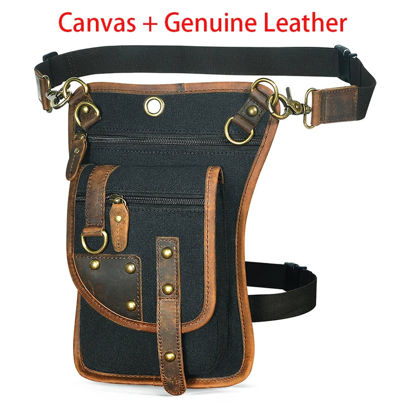 Leather Multipurpose Men Travel Mochila Crossbody Messenger Bag Hook Belt Waist Pack Drop Leg Phone Case Bag canvas-black