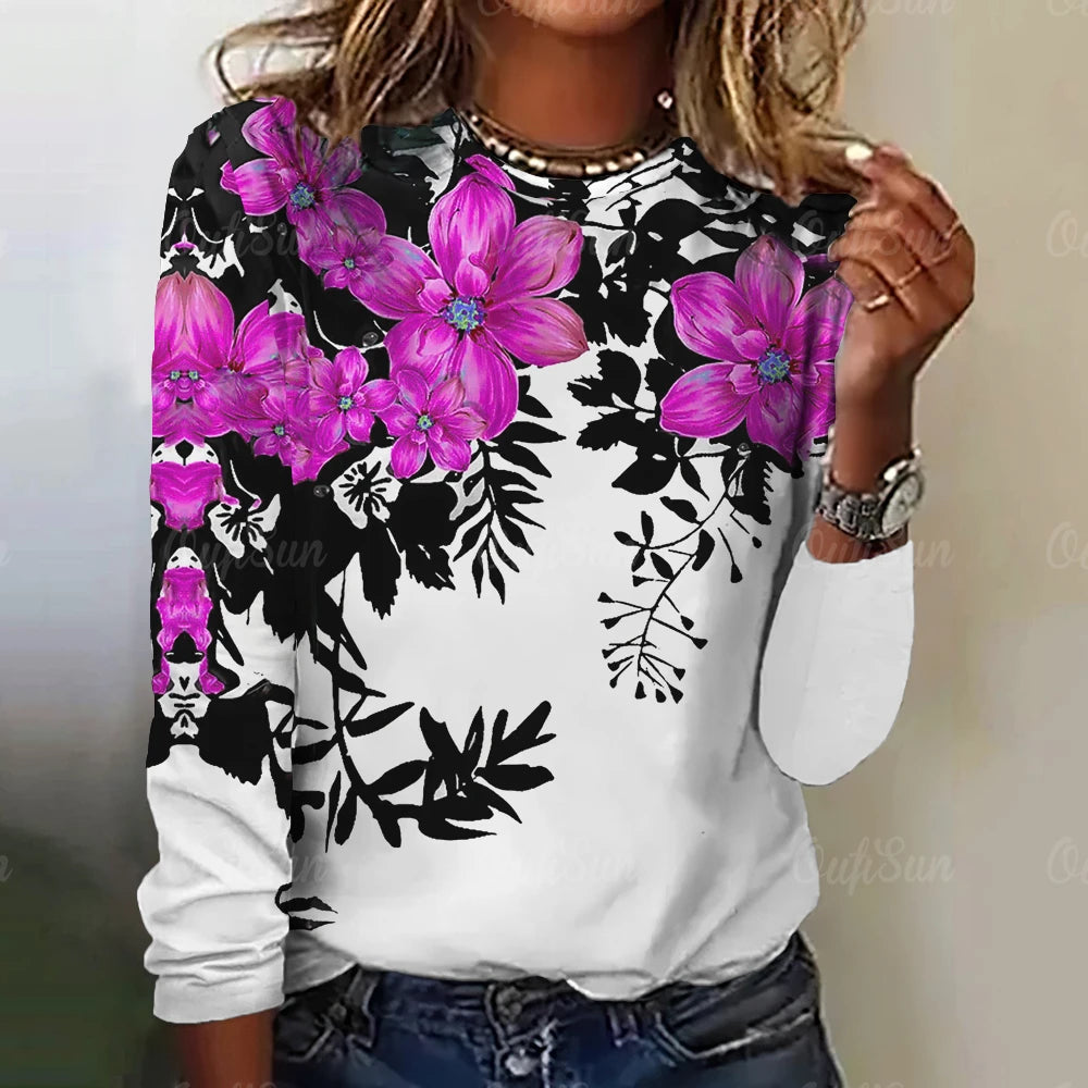 Women's Long Sleeve T-Shirt 3d Floral Print Sweatshirt Fashion Autumn Casual Harajuku Aesthetic Clothing Female Hoodies