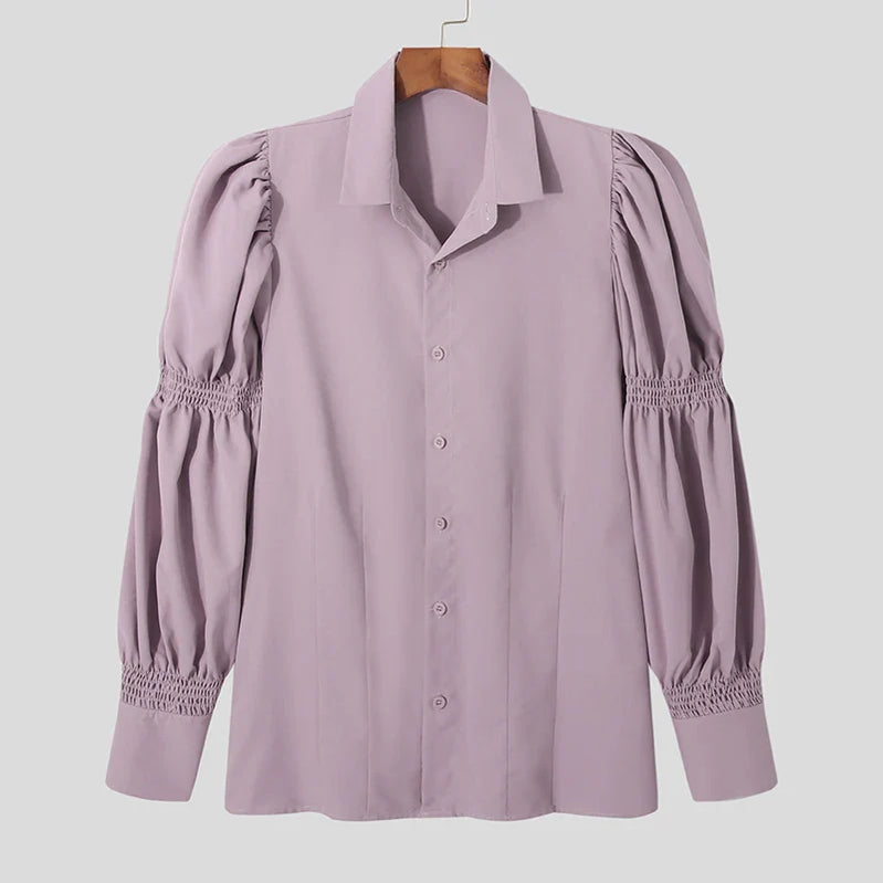 INCERUN Tops American Style New Men Solid Puff Sleeve Shape Blouse Fashion Party Shows Male Loose Long-sleeved Shirts S-5XL Purple