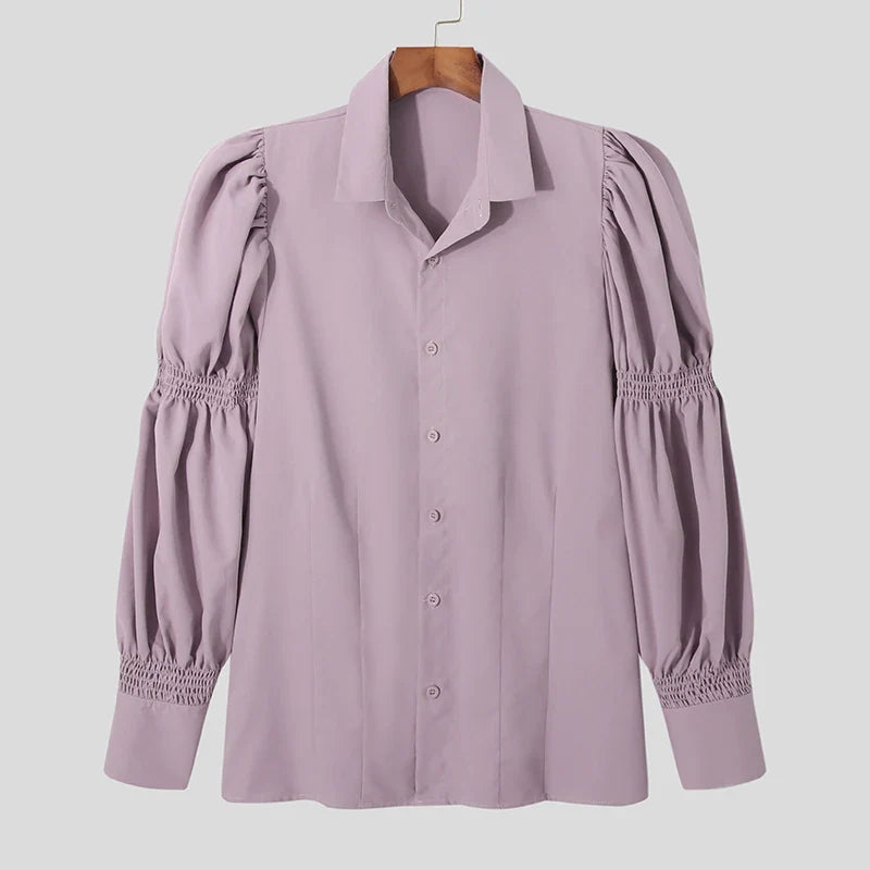 INCERUN Tops American Style New Men Solid Puff Sleeve Shape Blouse Fashion Party Shows Male Loose Long-sleeved Shirts S-5XL Purple