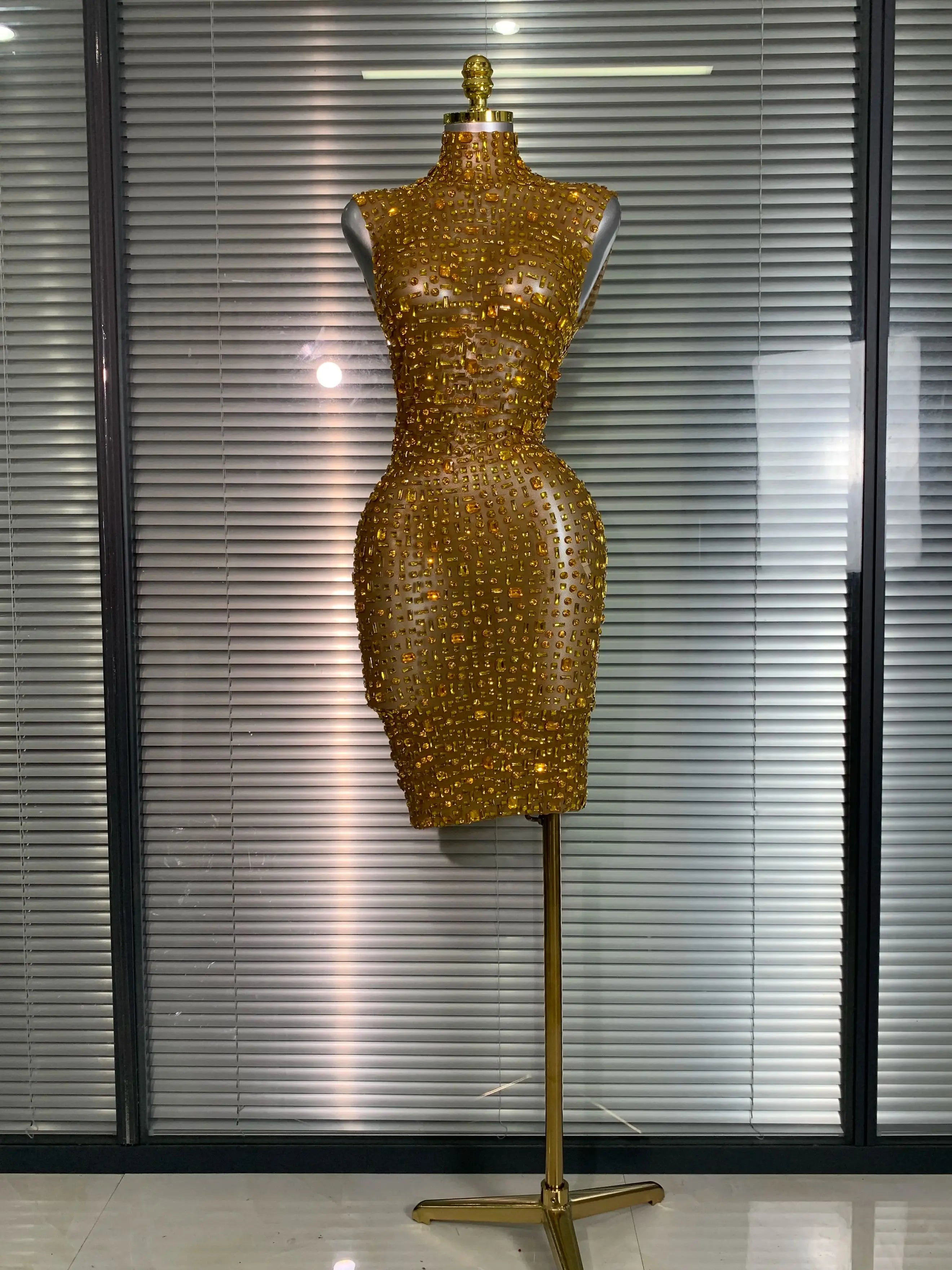 Women Sexy Mesh Crystal Diamonds Mini Performance Costume Stage Dancer See Through Stretchy Gold Night Club Party Dress