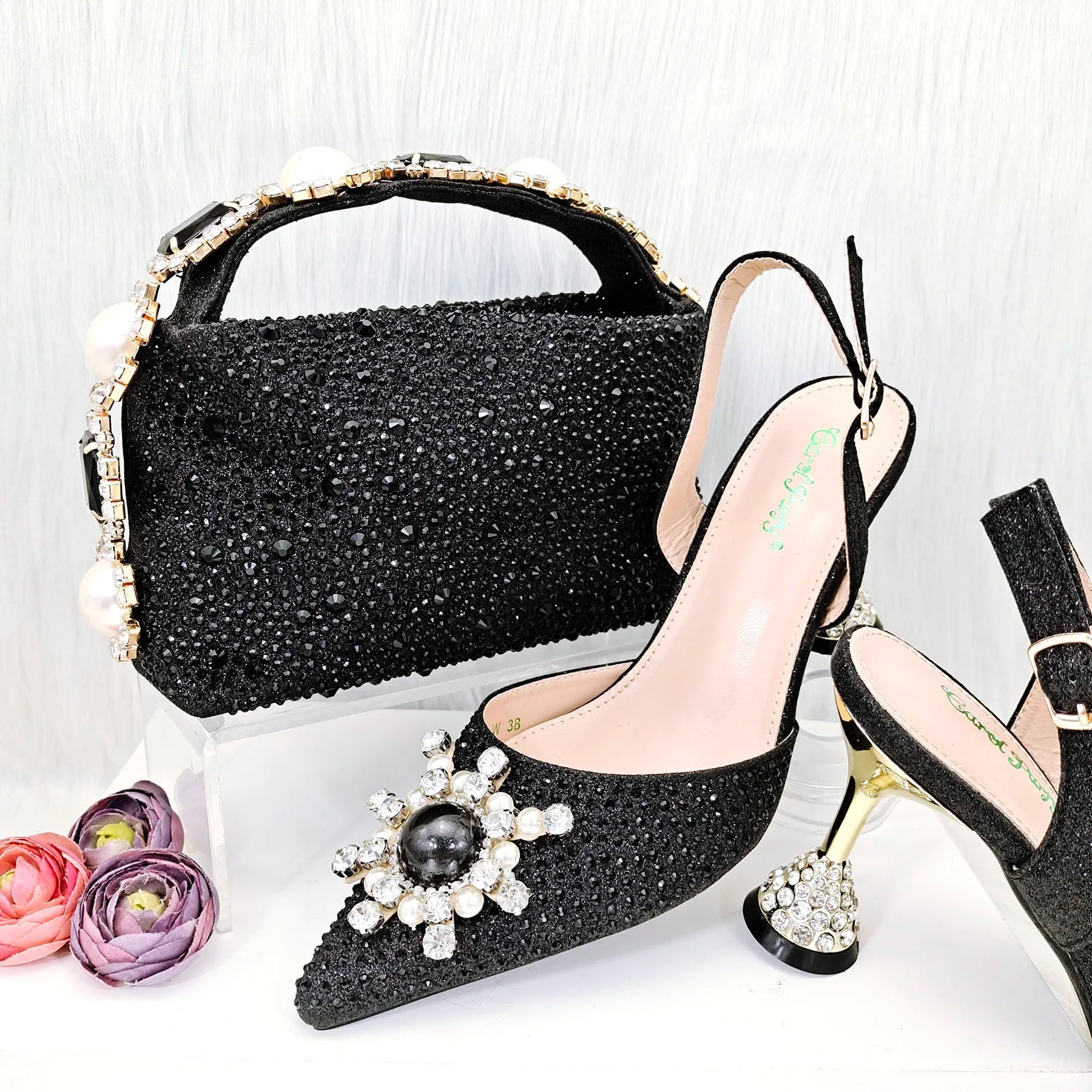 Gold Color Elegant Lady Shoes And Bag Set with Rhinestone Embellished Pearls-knot Wear-resistant And Comfortable Heel Black