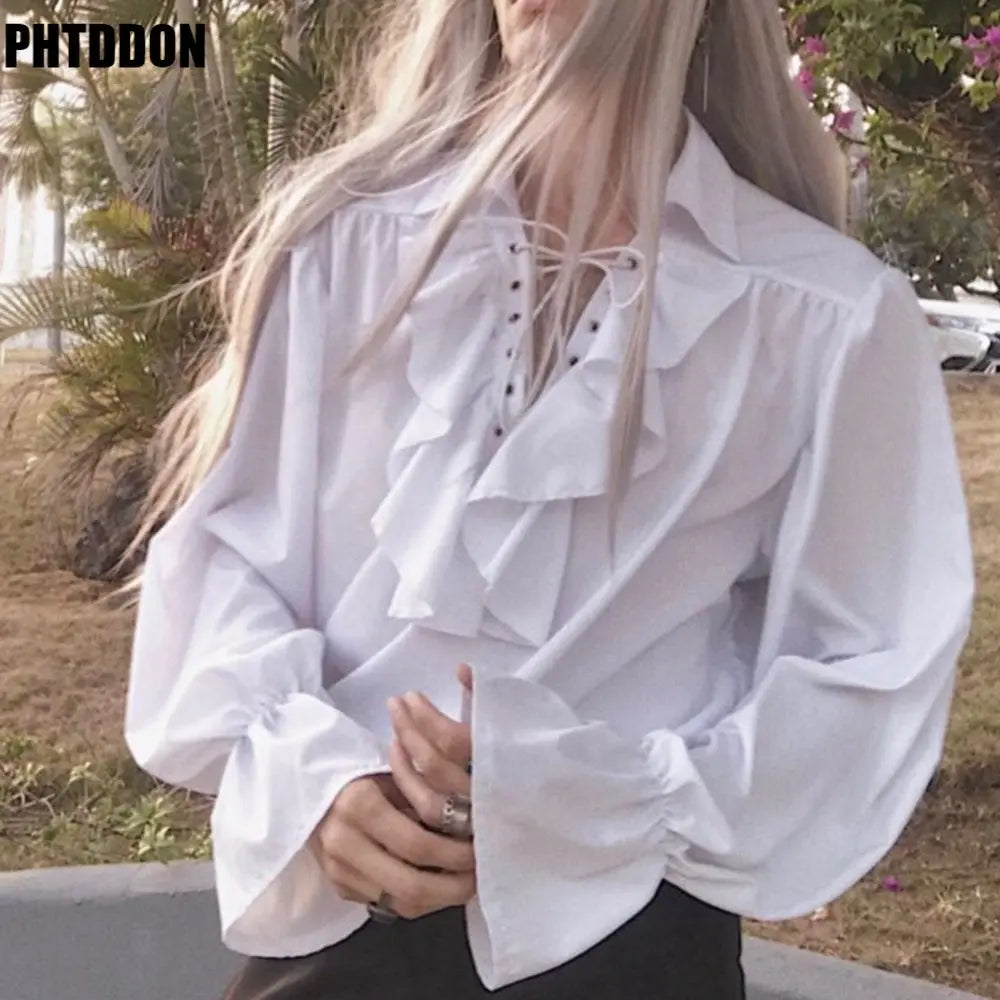 Men Pirate Shirt Vampire Prince Poet Shirts Medieval Buccaneer Frills Lace Up Renaissance Vintage Gothic Viking Blouse Tops