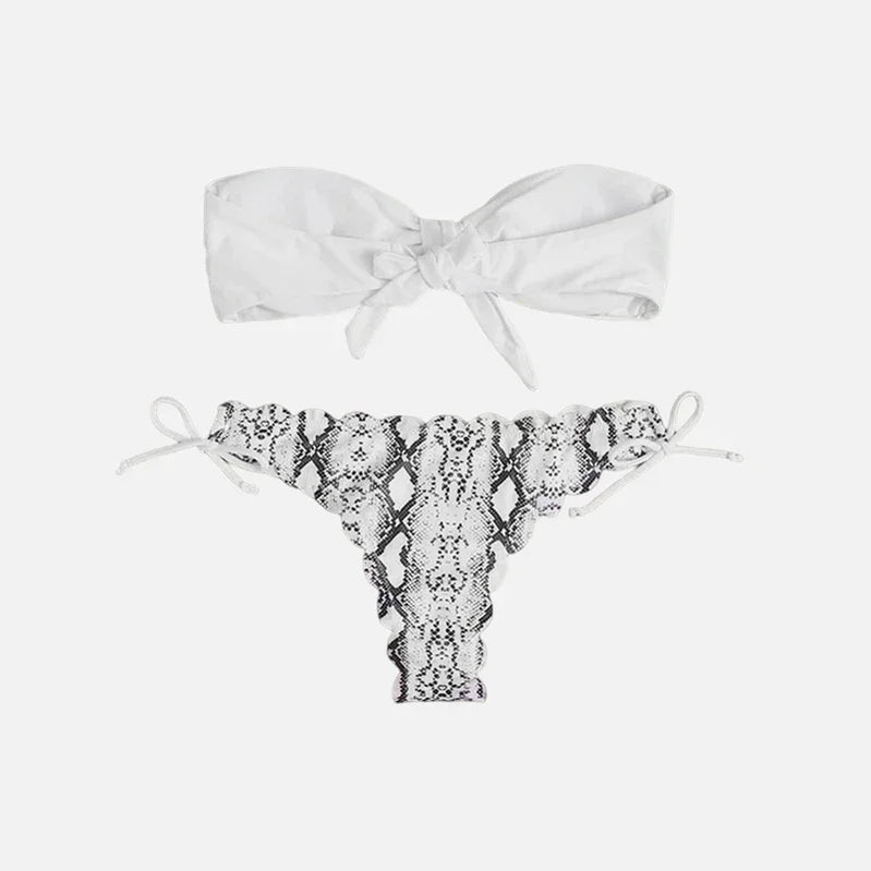 Beach Bikini Woman Sexy Front Lace Up Tie Strapless Leopard Swimsuit Female Push Up Ruffled Bow Bathing Suit Thong Swimwear white