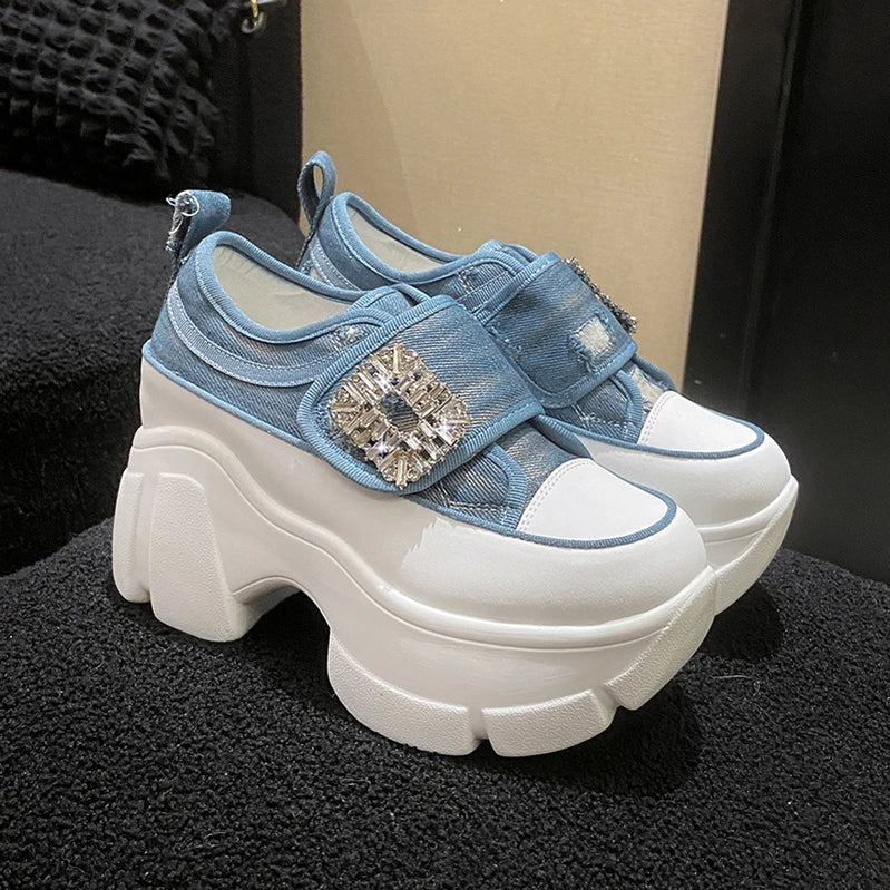 Women Crystal High Heels Chunky Platform Shoes Spring Trend Cowboy Sandals Running Sneakers Walking Mujer Zapatos Blue