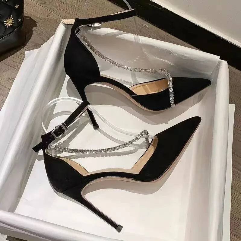 Ladies High Heels Sexy Women's Sandals Pointed Stiletto Rhinestone Buckle Women's Shoes Party Ladies Single Shoes Black