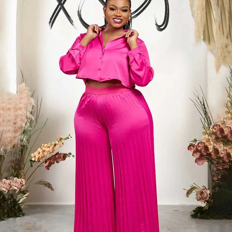 2 Piece Sets Women Outfit Luxury Elegant Autumn Long Sleeve Button Top and Pleated Pants Set Casual Ladies Clothes Plus Size