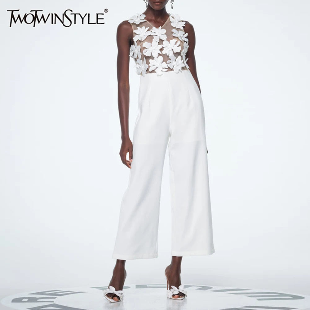 TWOTWINSTYLE Solid Slimming Spliced Appliques Jumpsuits for Women V Neck Sleeveless High Waist Elegant Jumpsuit Female Fashion