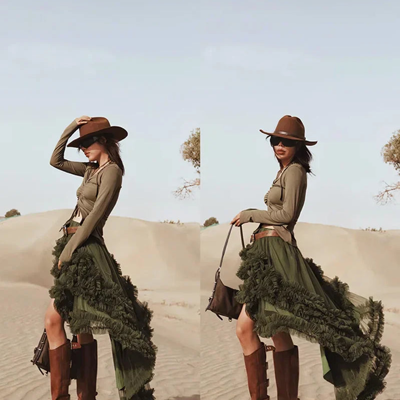 3 Colors Women's Irregular Hem Ball Gown Long Skirt Tulle Ruffles Multilayers Skirt Ladies Fairy Gauze Maxi Skirts Female Outfit