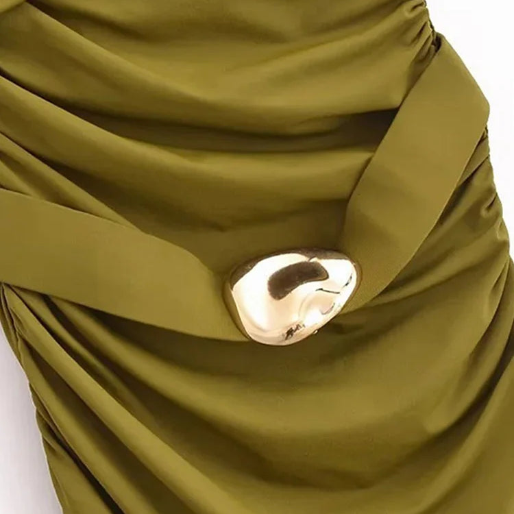 Sexy One-shoulder Pleat Short Dress Women Solid Skew-collar Metal Button Hip-package Dresses 2025 Summer Party Club Vestidos