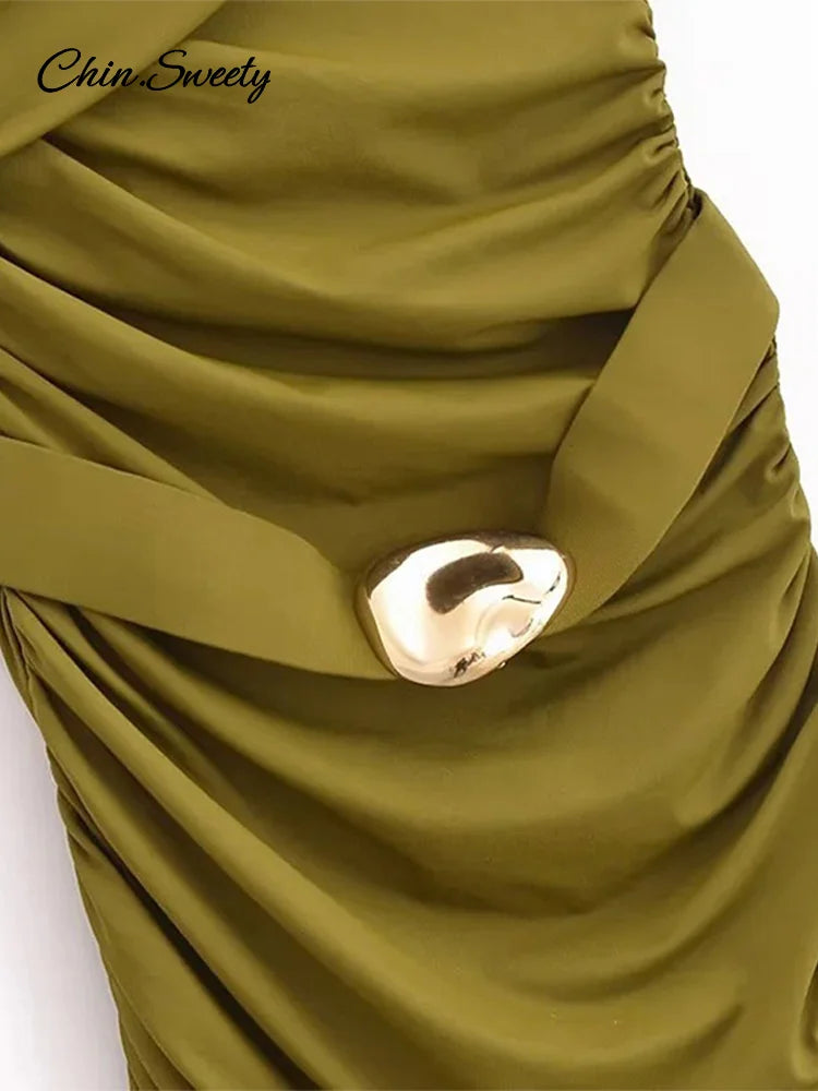 Sexy One-shoulder Pleat Short Dress Women Solid Skew-collar Metal Button Hip-package Dresses 2025 Summer Party Club Vestidos