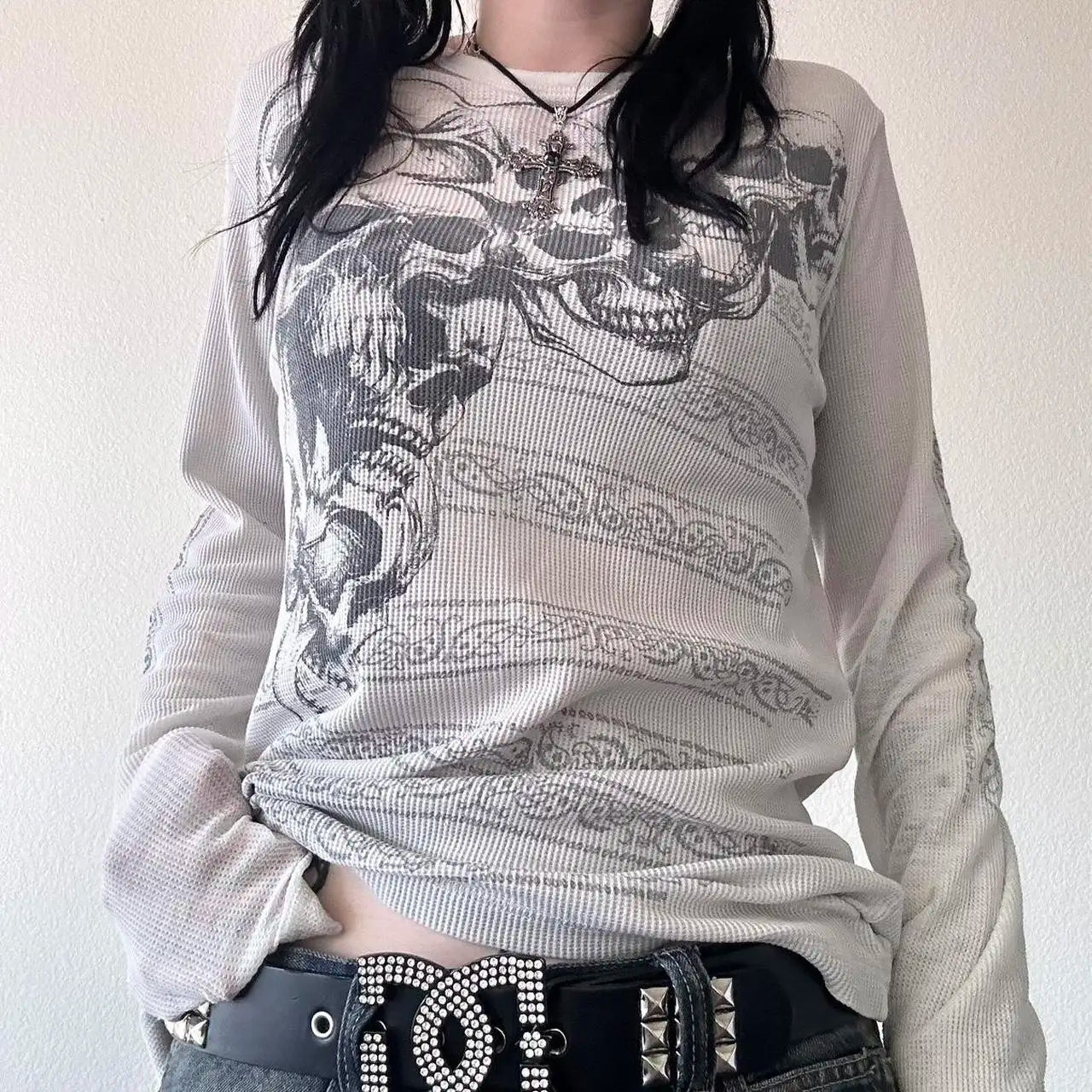 Women Y2k Cottage Long Sleeve Pullovers Shirts Vintage Gothic Skull Print Tees Top Aesthetic Grunge Fairy T Shirt Emo Clothes GRAY
