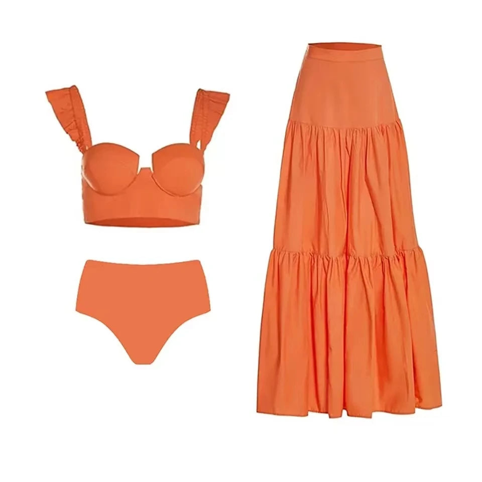 Sling Ruffle Solid Color Bikinis Beach Dress 2023 Orange Pleated Romantic French Swimsuits Women Luxury Split Swimwear Beachwear