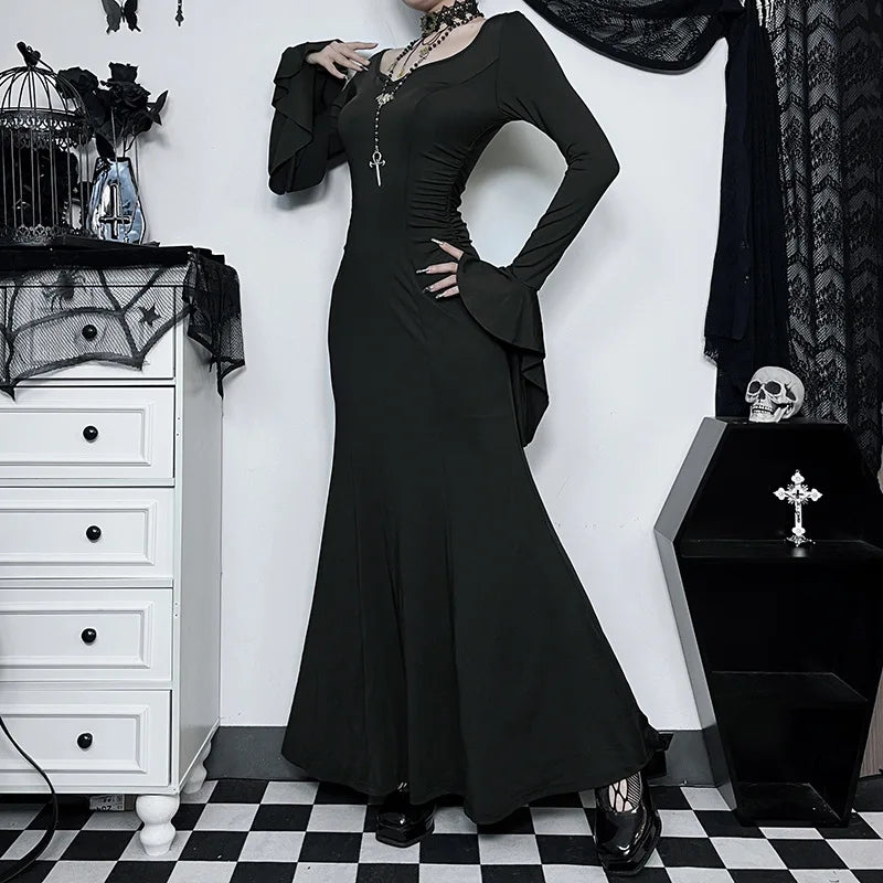 Halloween Cos Morticia Elegant Gothic Dress for Women Adams Family Inspired Wednesday Slim Summer Mermaid