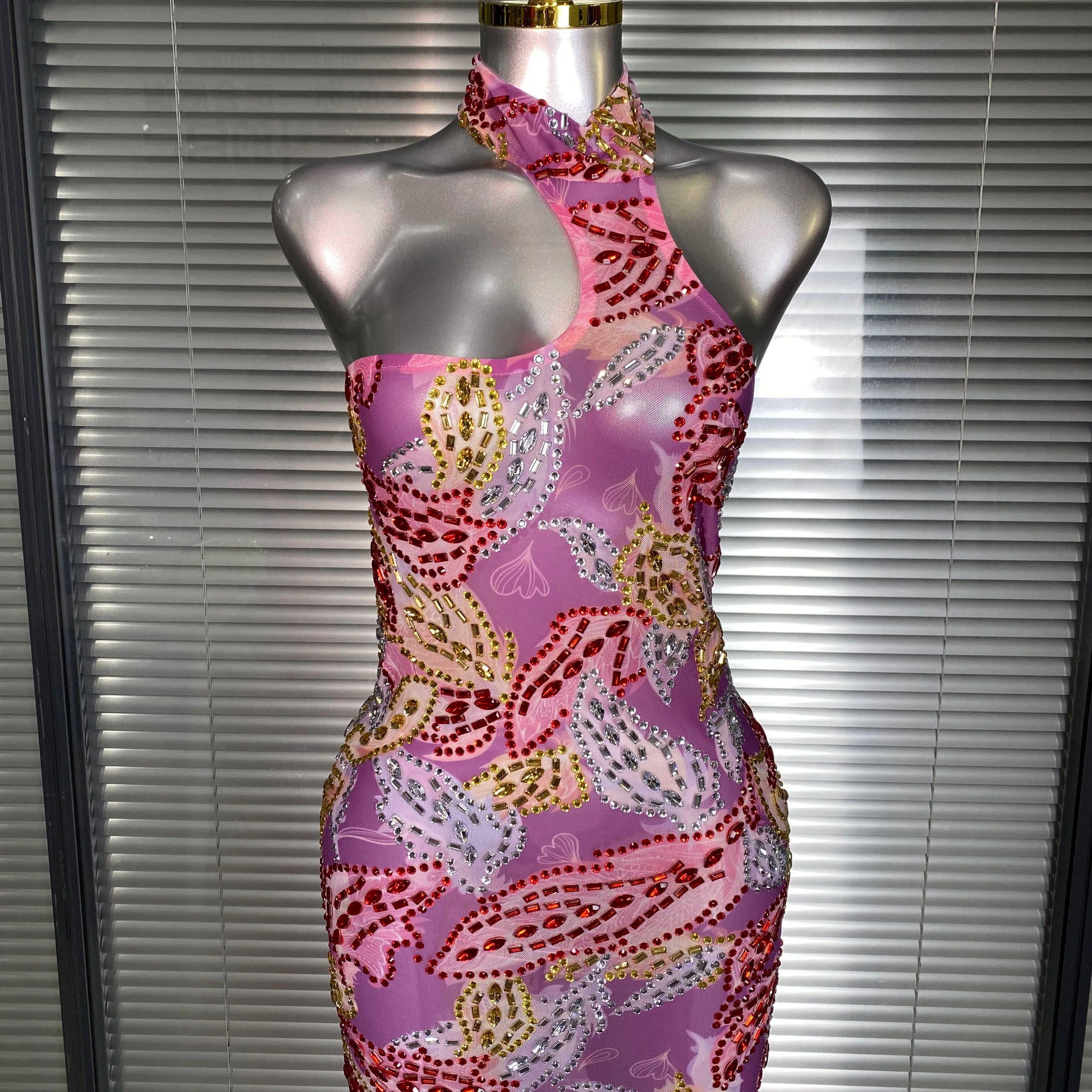 Celebrity New Women Sexy Printed Mesh Sheer Crystal Rhinestones Halter Stage Costume Stage Dancer Night Club Mini Party Dress