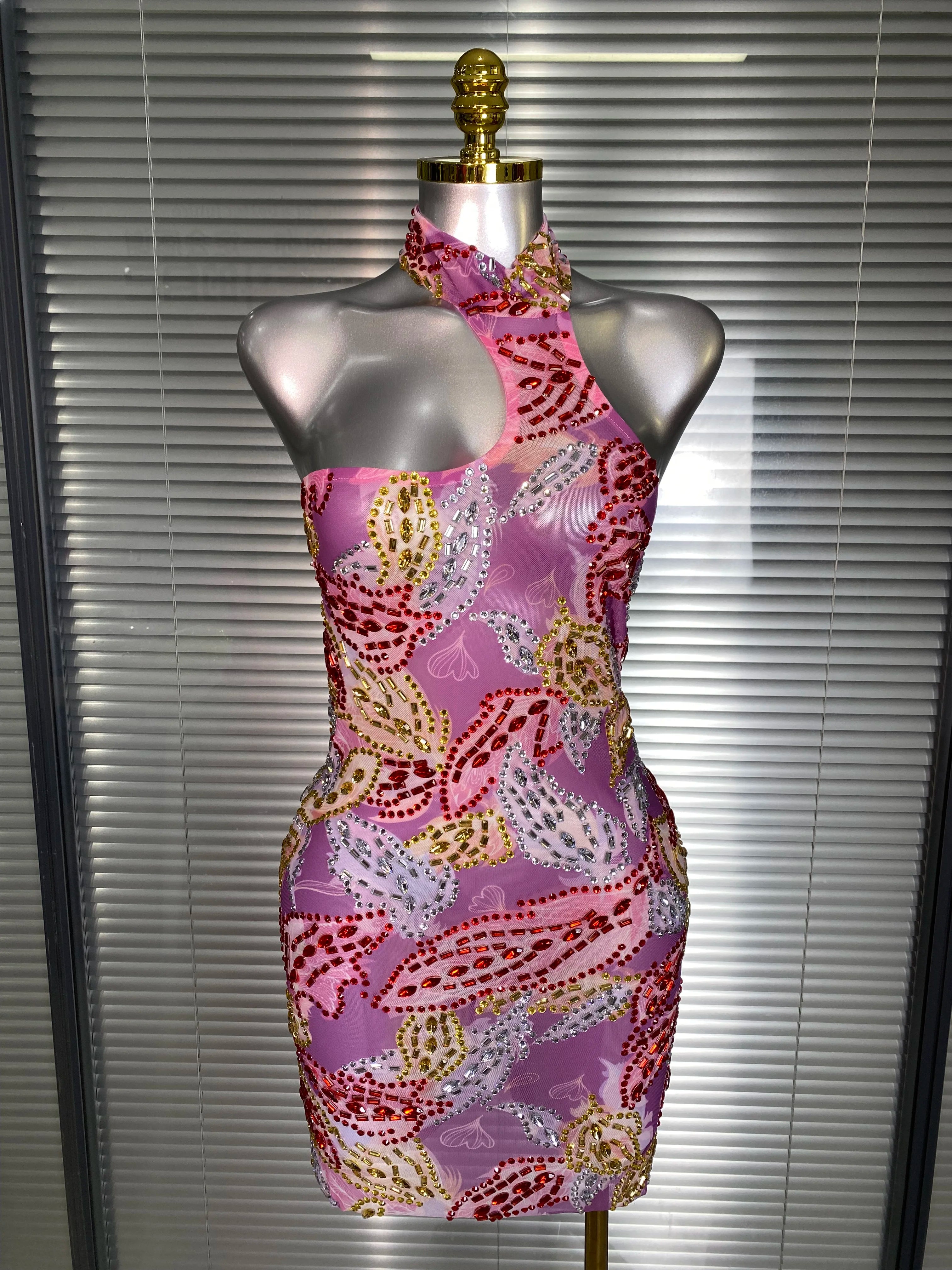 Celebrity New Women Sexy Printed Mesh Sheer Crystal Rhinestones Halter Stage Costume Stage Dancer Night Club Mini Party Dress