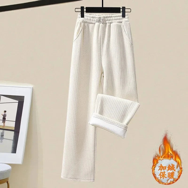 Korean Style Fashion Knitted Sweater Jacket Plush Thickened Wide Leg Pants Two Piece Elegant Women's Pants Set Winter Outfits only apricot pants