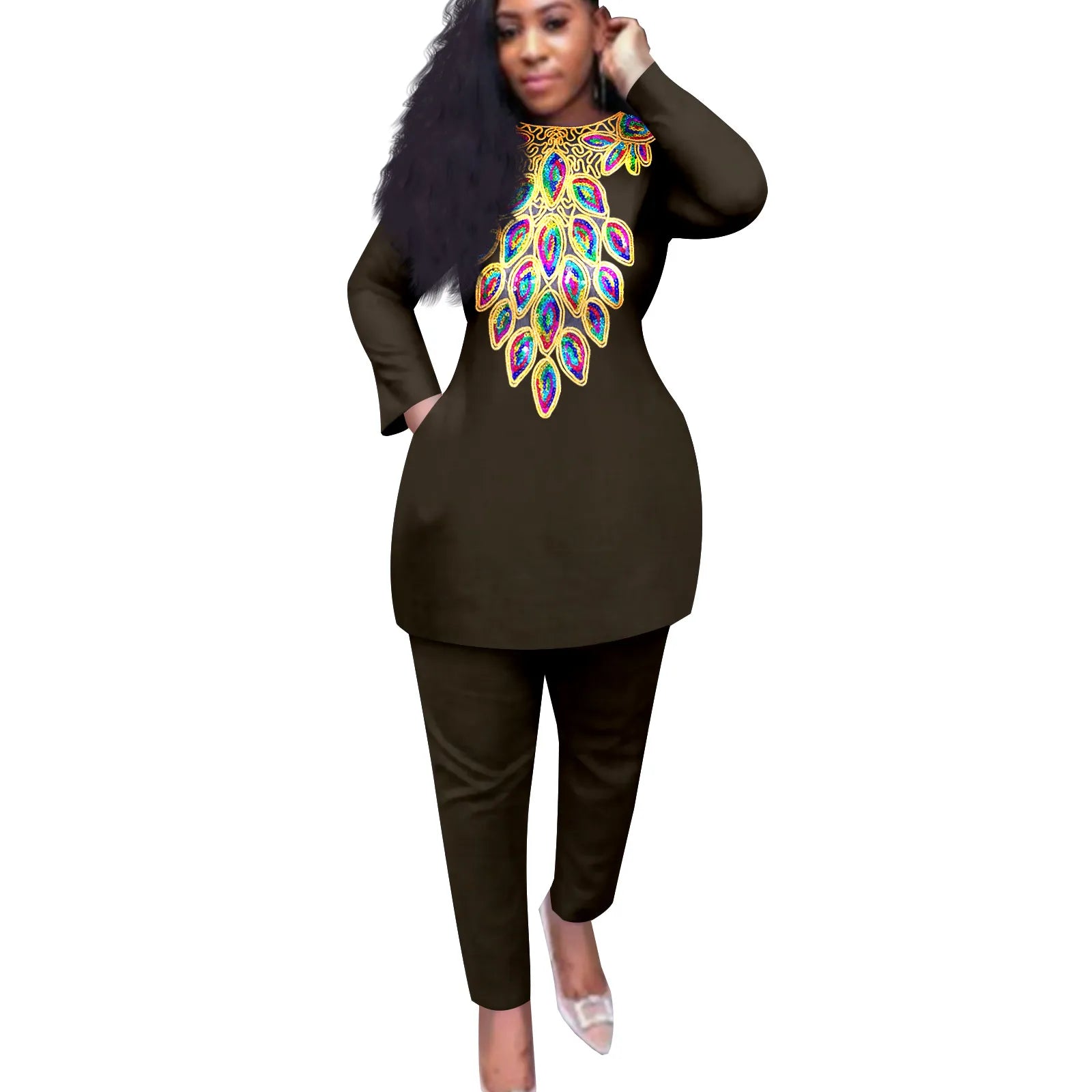 African American Women's Printed Fabric Top with Pants, Dazzling Stamping Set, Long Sleeve, Plus Size, Fashion, A2226026