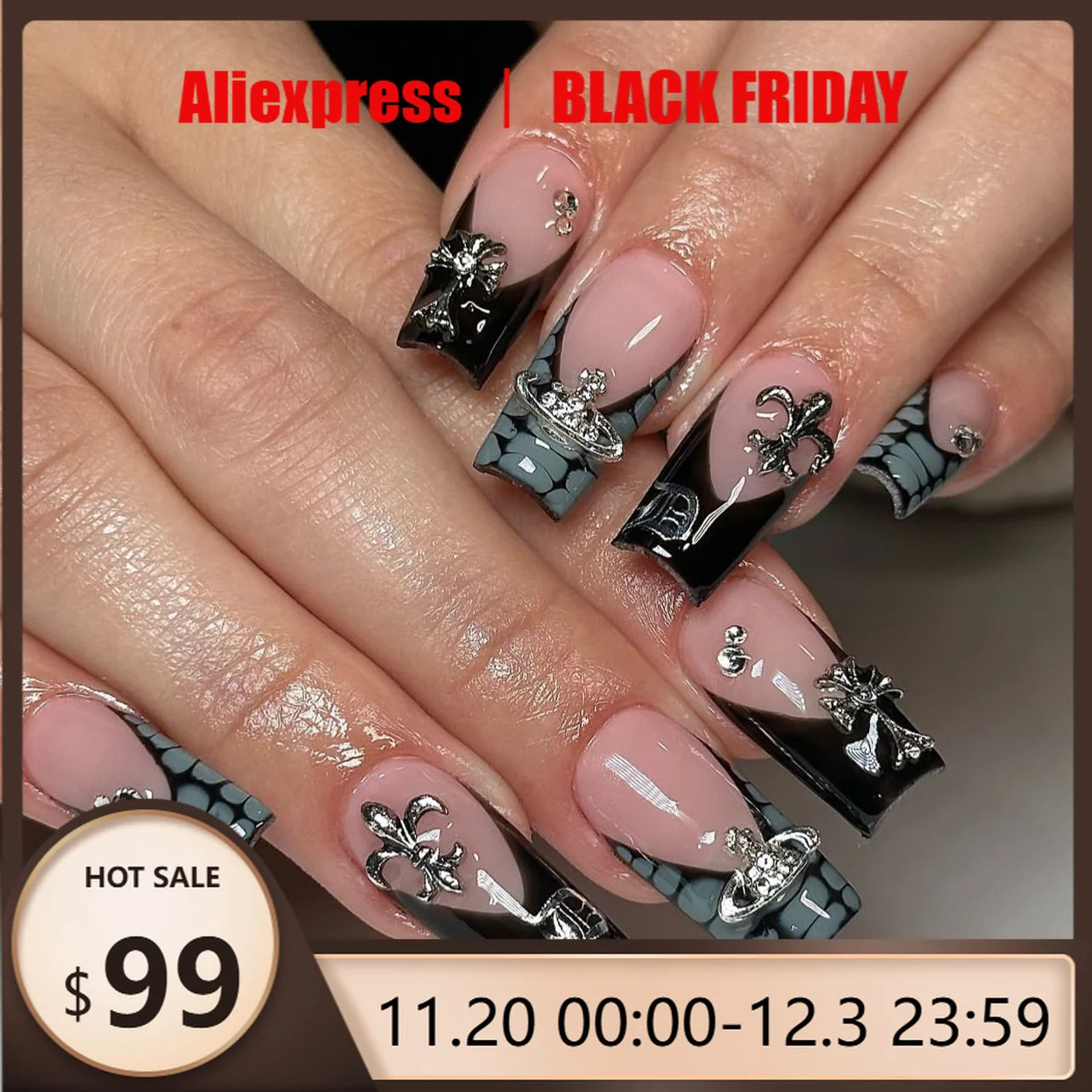 24pcs French Black Crocodile Pattern Beautiful Cross Press on Nail Tips Artificial Fake Nails Seamless Removable False Nails