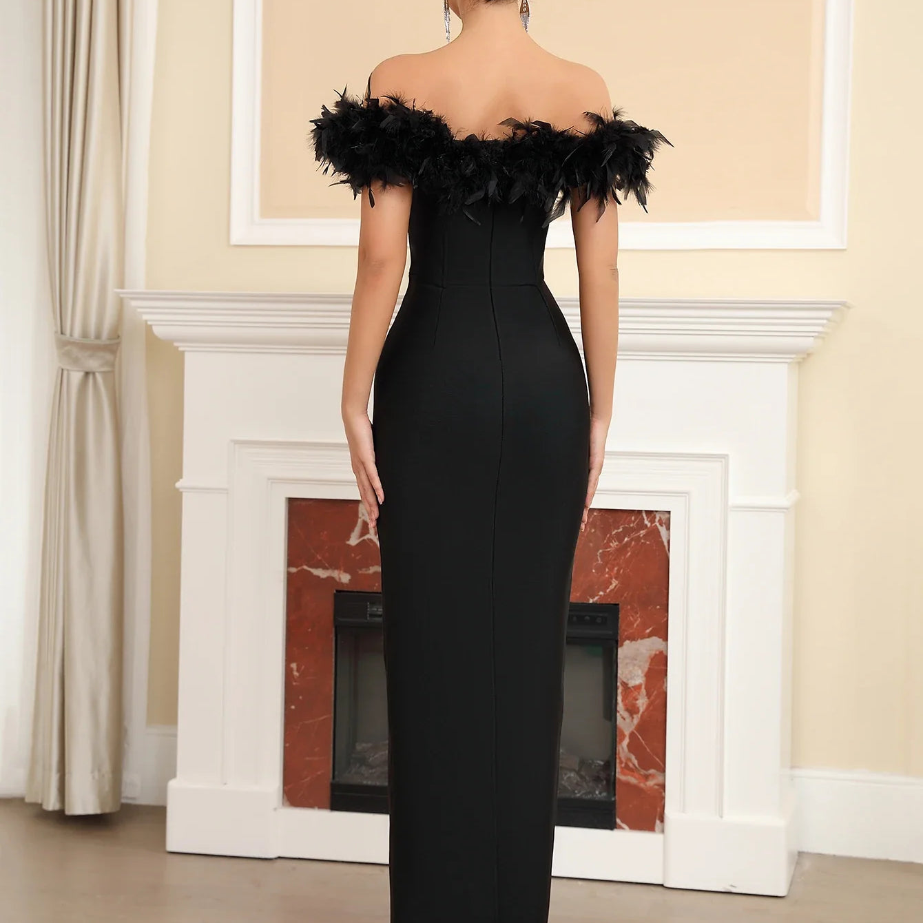 Ailigou New Women's Black Sexy V-neck Feather Strapless Tight Maxi Bandage Dress Elegant Celebrity Party Dress Vestidos