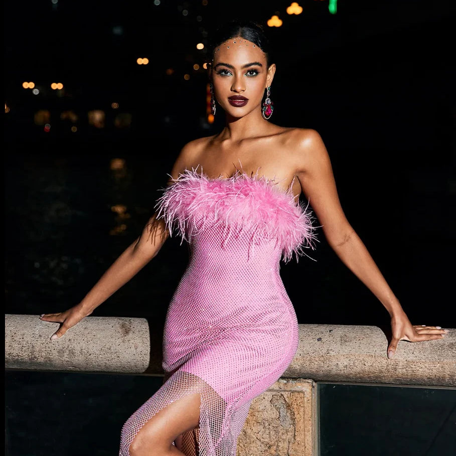 Pink Black Color Women Sexy Strapless Diamond Mesh Feathers Bodycon Long Dress Fashion Celebrate Nightclub Party Birthday Dress