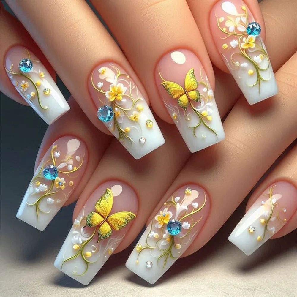24pcs Gradient White False Nails Diamond Design Mid-length Square Press on Nails Sets Wearable Flower Butterfly Fake Nail Tips