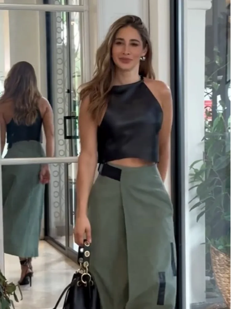 Fashion Pu Leather Vest Skirt Sets Women Sleeveless Cropped Tops With Split Slim Skirts Suits New Chic Ladies Streetwear