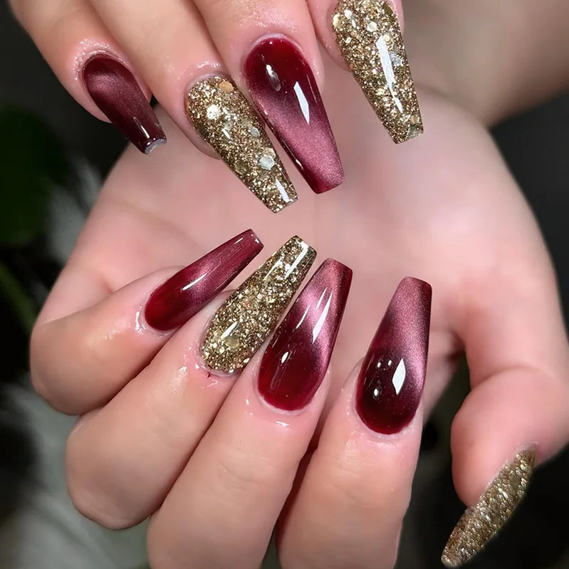 24pcs/30pcs/set fake nails for women cat eyes french nail tips purple red green brown color faux ongles press on false nail art