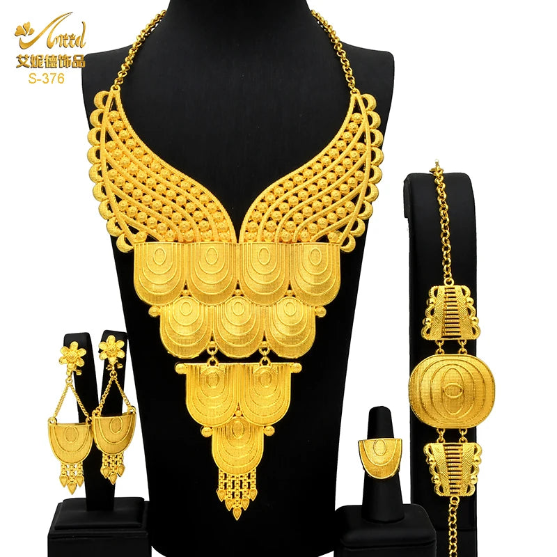 Indian Big Plated Gold Jewelry Women Necklace Sets Dubai African Party Bridal Wedding Gifts Arabic Necklace Jewelry Sets S-376