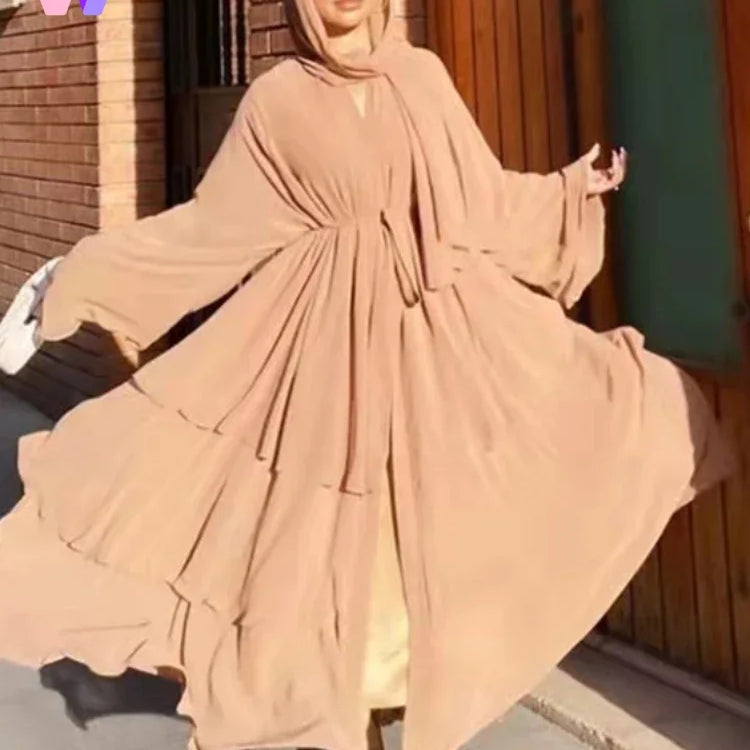 New In Women Abaya NO SCRARF(Encrypted Chiffon)Elegant Muslim Stitching Three Layer Abaya Ruffle Sleeves Cardigan Marocain Dress