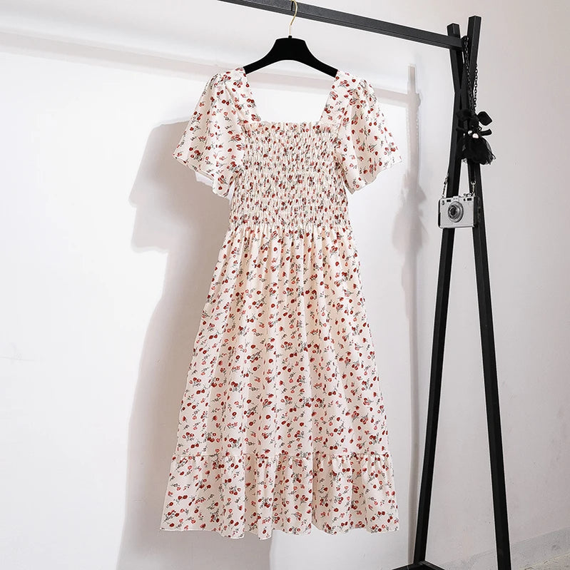 Spring Summer Chiffon Women Dresses Female Short Sleeve Elastic Waist Printed Floral Midi Dress Pleated Backless Casual Dress Beige One Size