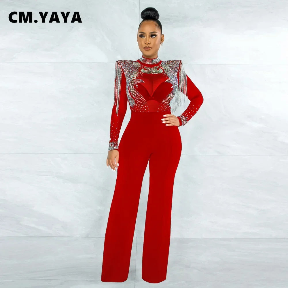 CM.YAYA Women Jumpsuit Solid High Collar Hot Drill Mesh Shoulder Cotton Long Sleeves Long Straight Jumpsuit Sexy Party Outfits