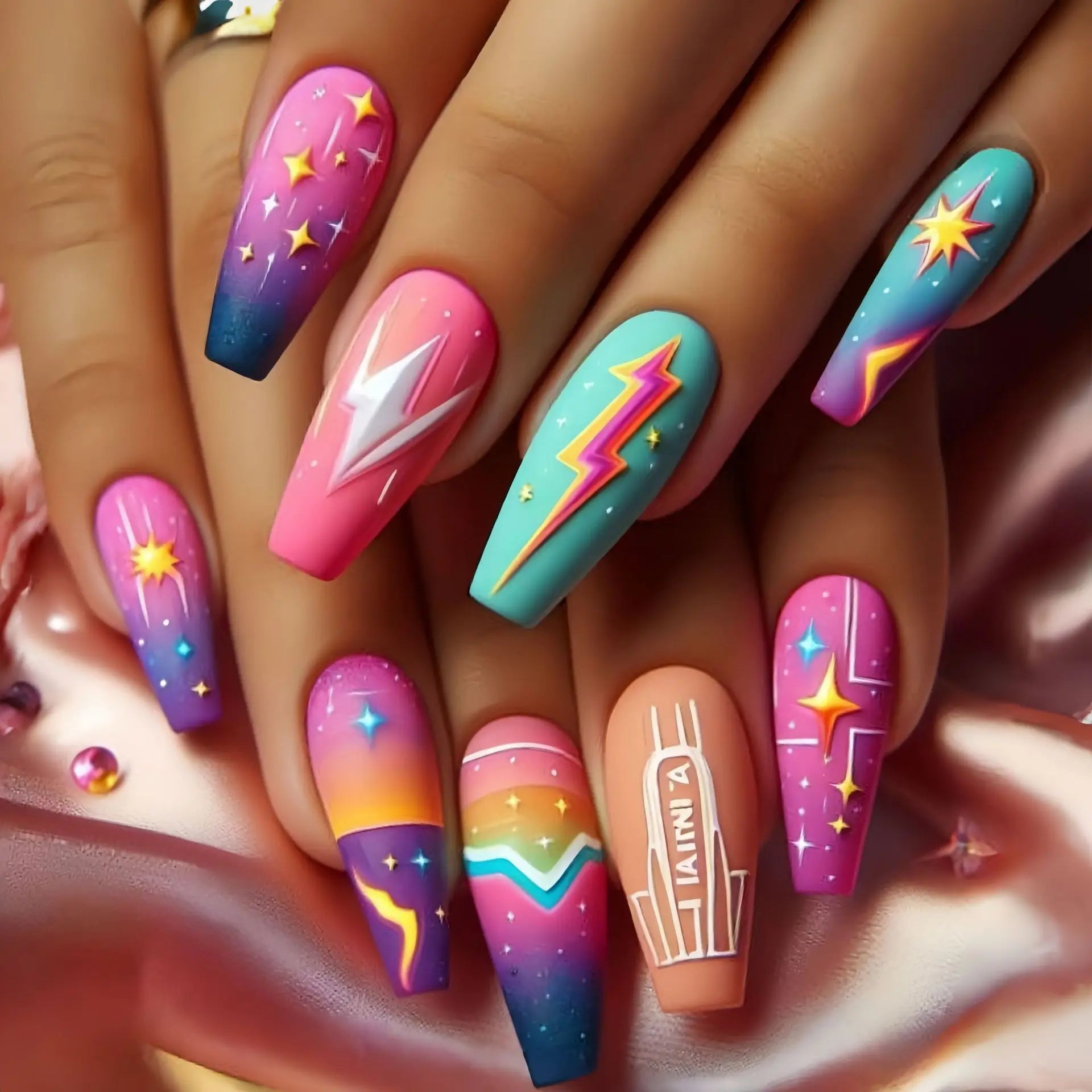 Medium fake nails for women gilrs gradient blue pink starry sky star moon Y2K design Almond nail tips press on false nail set