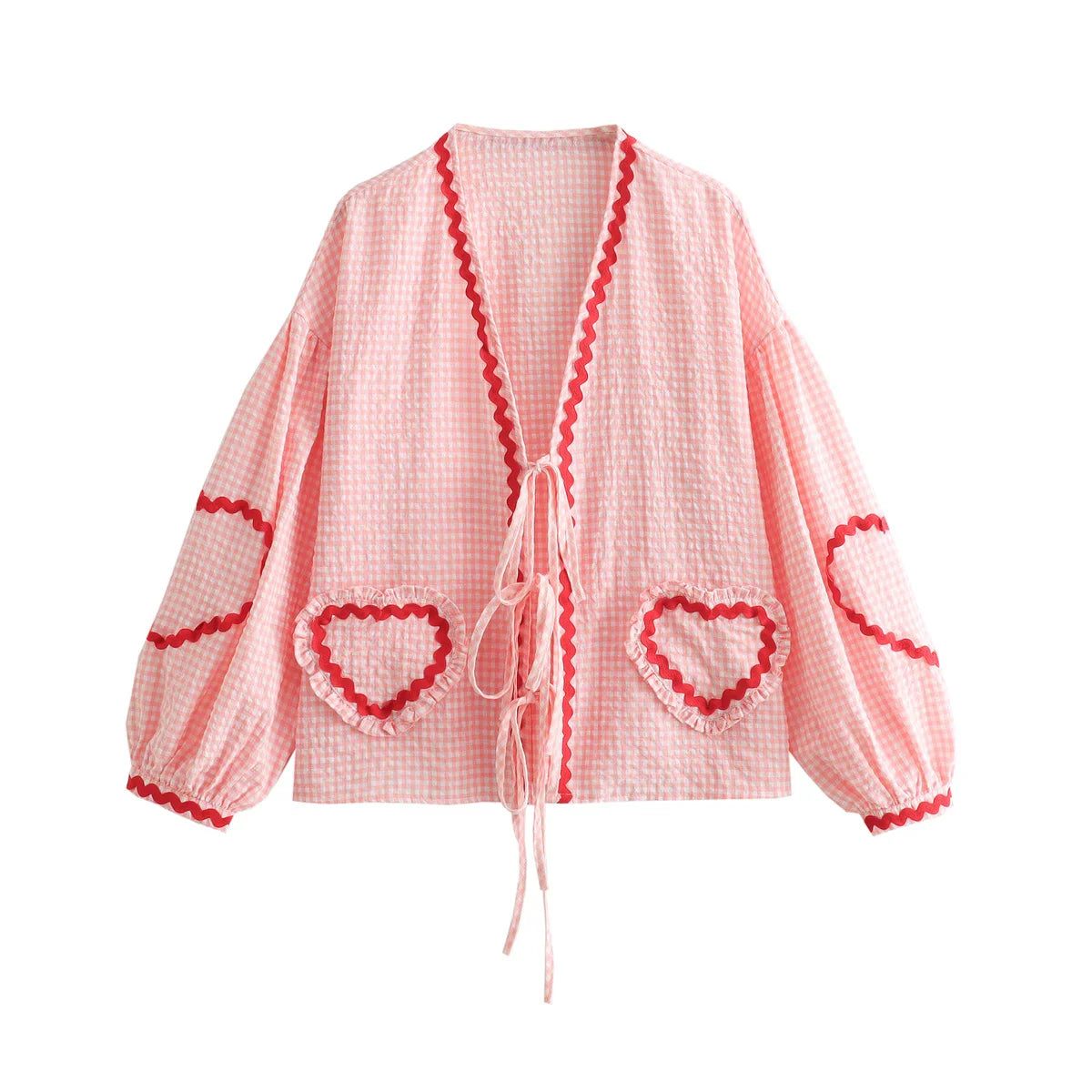 Vintage Women Loose Heart Pockets Shirts Fashion Ladies Casual V Neck Bow Buttons Blouses for Female Chic Tops Clothes PINK
