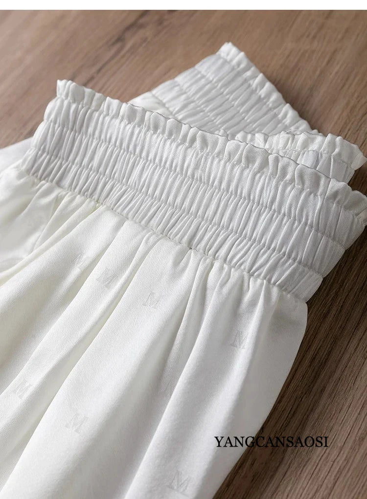 Women's Fashion New 24MM 93%Natural Mulberry Silk Versatile Jacquard Elastic Solid Color Satin Elastic Waist Casual Harlan Pants