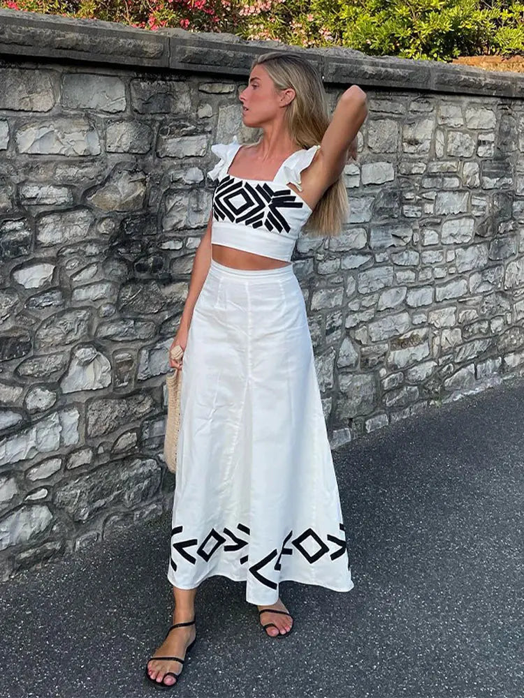 Fashion Sleeveless Short Top Skirt Set For Women Slim High Waisted Pattern Female Skirts Suit Casual Beach Holidays Prom Gowns White