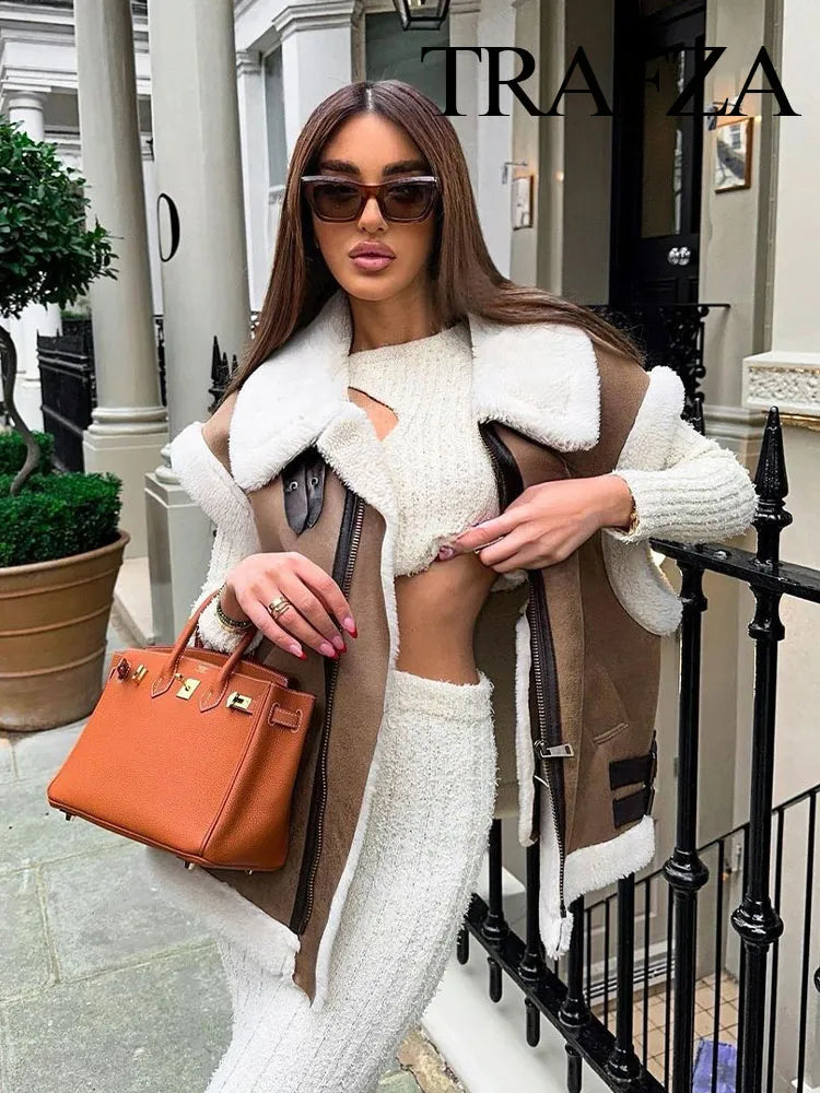 TRAFZA Winter Fur Vest Women Faux Sheepskin Fur Waistcoat Chic Lady Faux Leather Fleece Warm Vest Woman Sleeveless Jacket