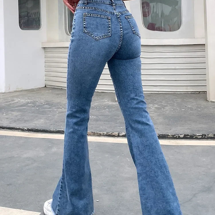 Benuynffy Button Fly Women's Raw Hem Flare Jeans Autumn Fashion Woman Denim Pants Jean Femme High Waist Full Length Slim Jeans