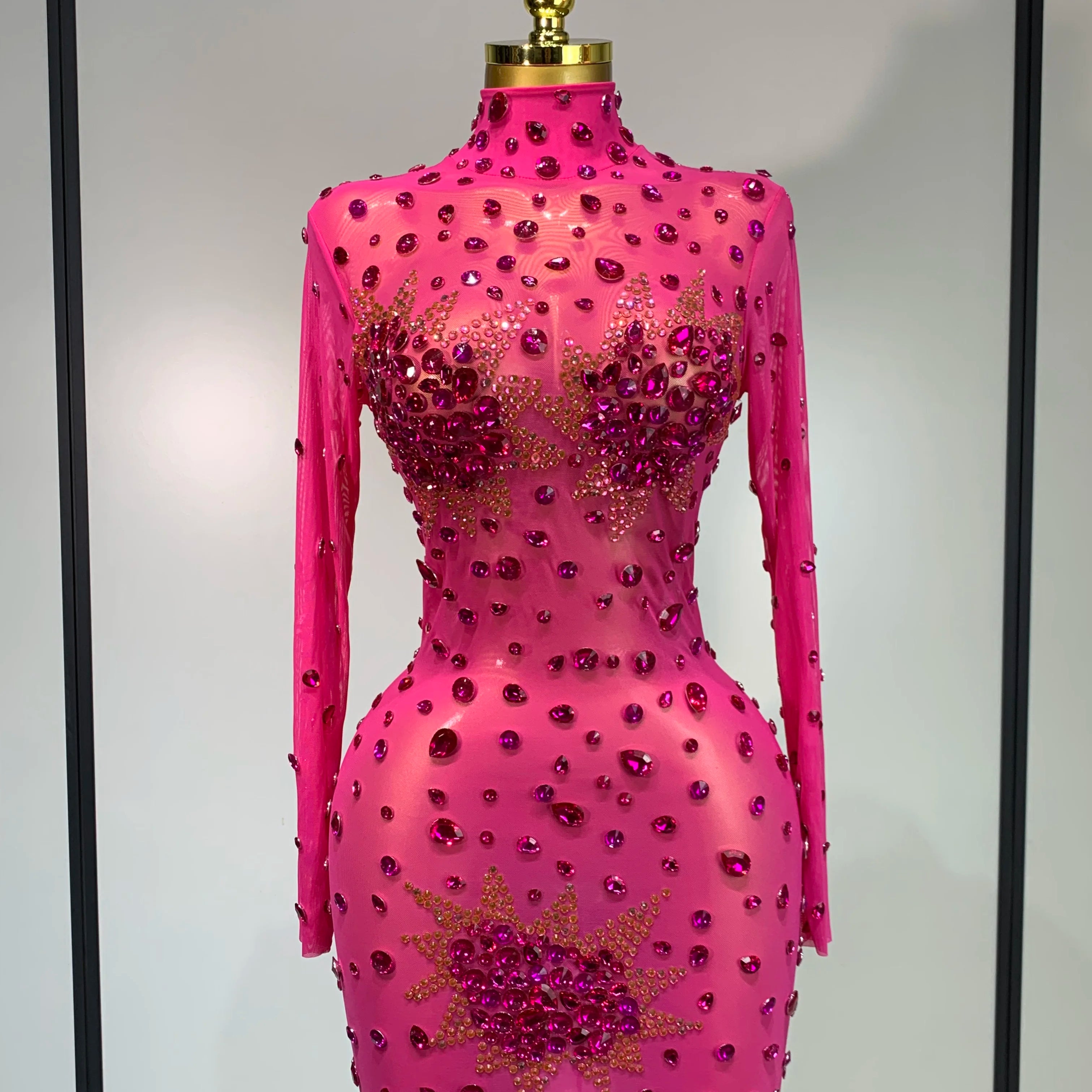 Women Sexy Gold Rhinestones Sparkly See Through Mini Dress Evening Party Fashion Performance Stage Outfit Luxury Birthday Dress