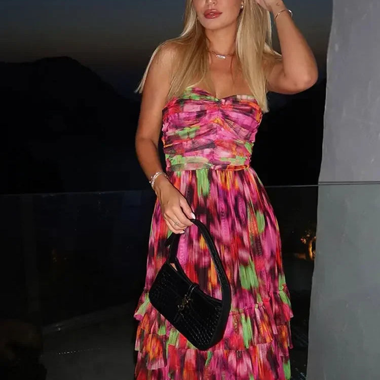 Colorful Strapless Long Dress Women Elegant Backless Patchwork Bodycon Dresses Summer Female Club Party Evening Vestidos